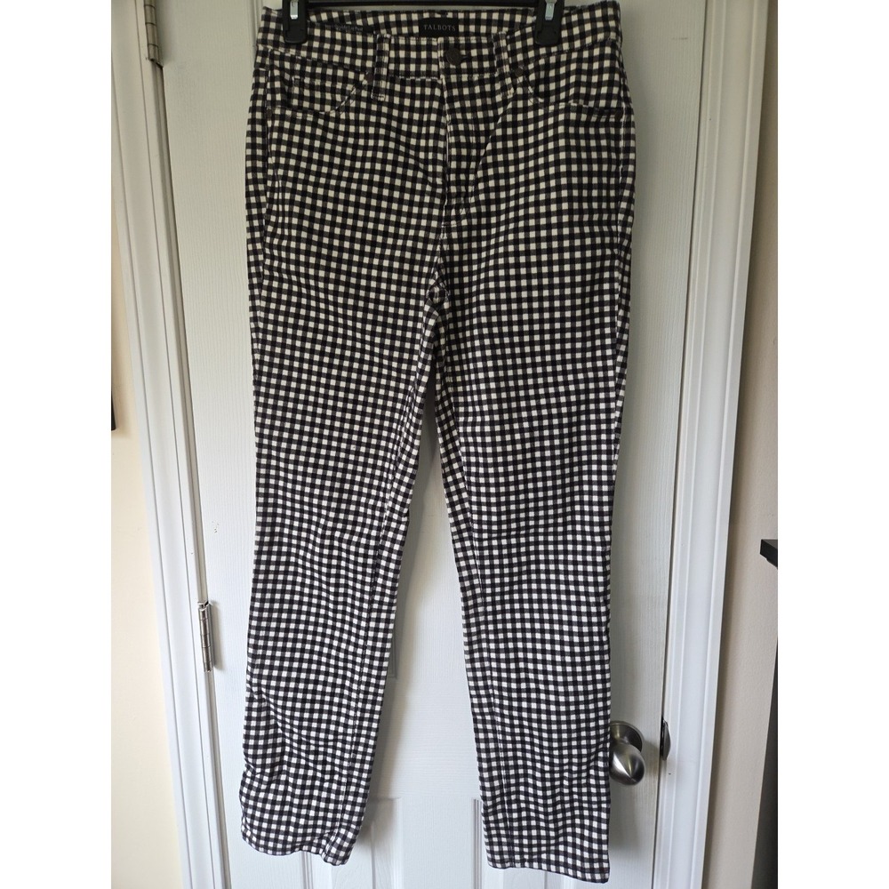 TALBOTS 4 Black White Checked Corduroy Straight Leg Pants Stretch Career Preppy